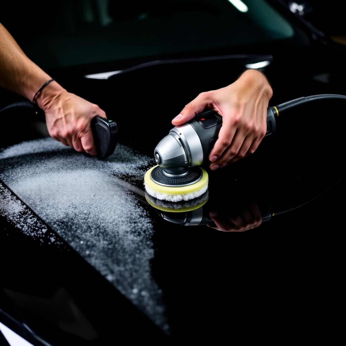 Detailer buffing a glossy black hood