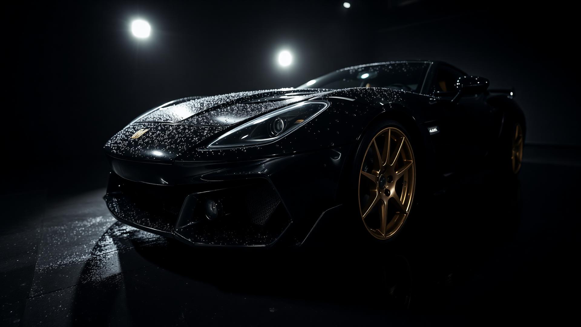 Cinematic black luxury car freshly detailed under studio lights