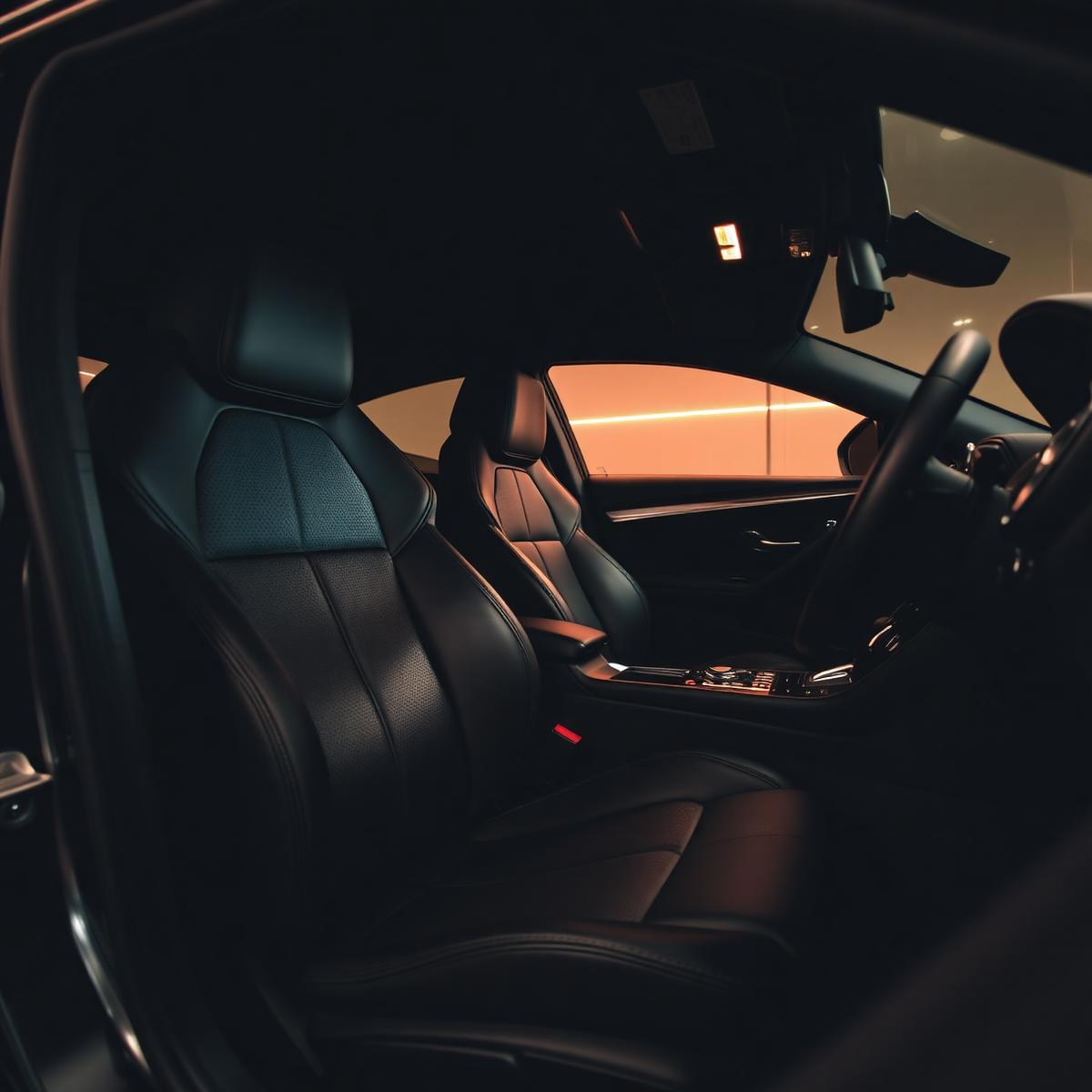 Detailed luxury interior with black leather seats