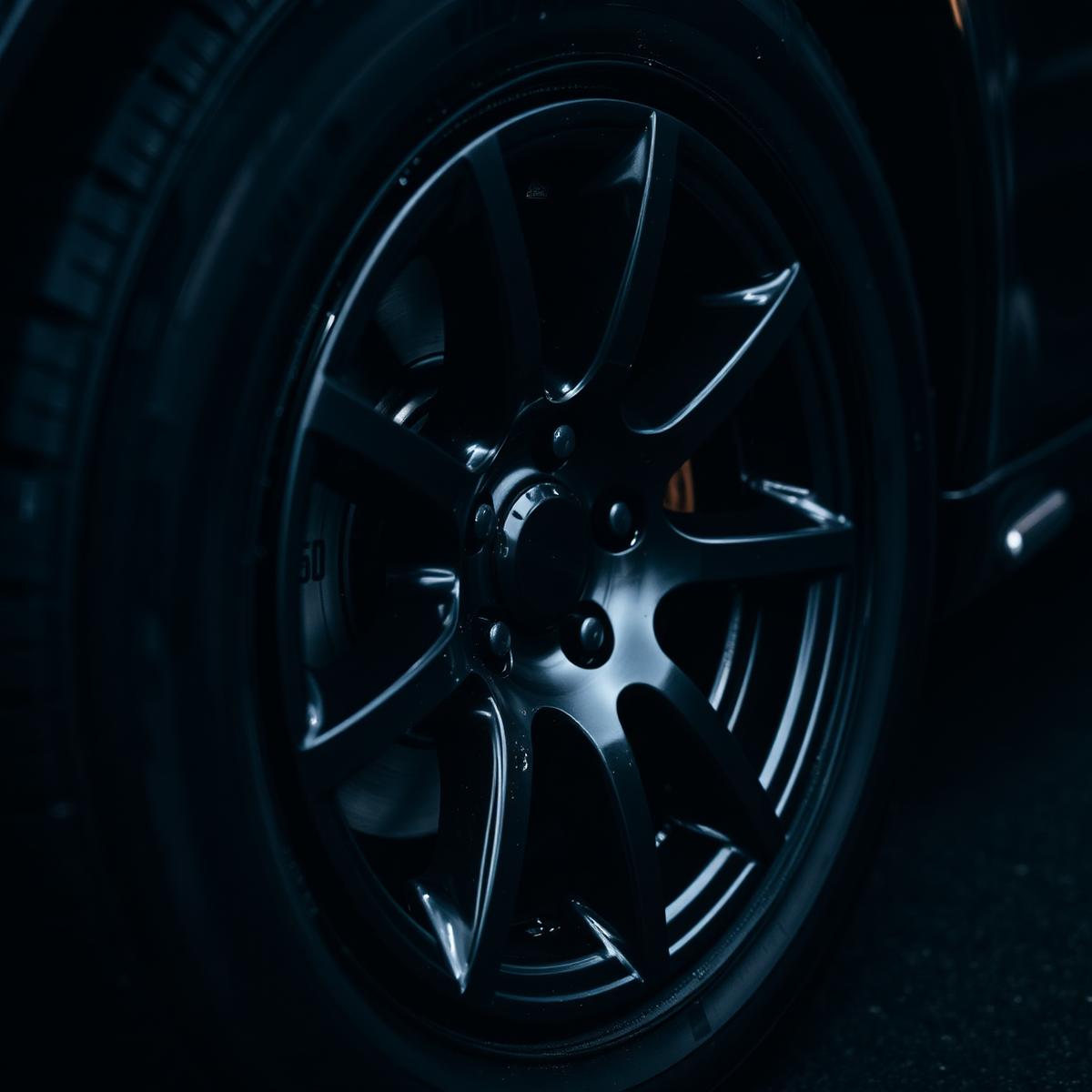 Detailed glossy black wheel and tire close-up